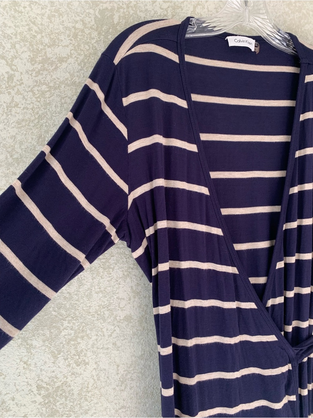 Calvin Klein Navy Tan Striped Wrap Dress 3/4 Sleeve Size 14 - Picture 3 of 8